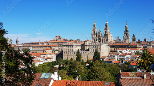 Panoramic view of the city and the Cathedral in Santiago de Compostela, Galicia, Spain. It is a place of pilgrimage on the Way of Saint James.