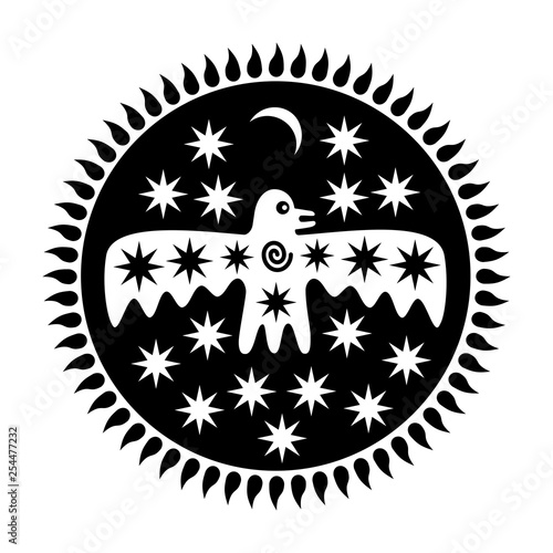 Mystical bird on the background of stars and the moon on the background of the solar disk. Black white vector graphics.