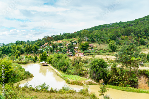 A village in the mountains of the province of Xiangkhoang, Laos.