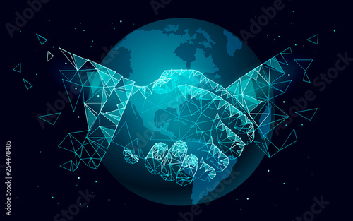 Global handshake business agreement. Low poly polygonal triangle professional work planet Earth partnership. Office succsesfull teamwork vector illustration