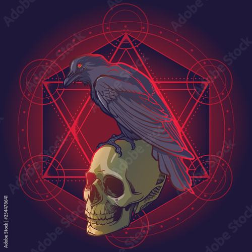 Human skulls and Crow. Solomon Star on a background. Conceptual art, tattoo or tarot card design. EPS10 vector illustration photo