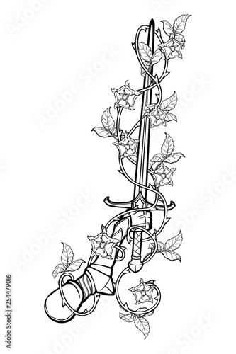Hand holding a sword decorated with rose garland . Black and white drawing isolated on white background. EPS10 vector illustration