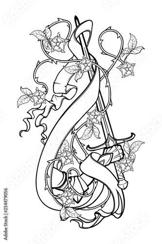 Hand holding a sword decorated with rose garland and banner. Black and white drawing isolated on white background. EPS10 vector illustration