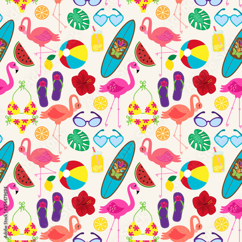 Seamless Vector Pattern with Flamingos and Other Summer Themed Elements