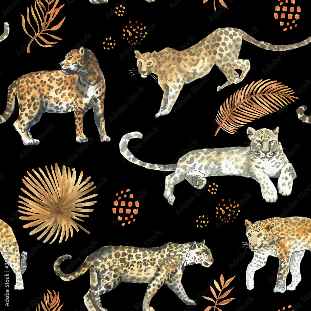 Obraz premium Leopard,jaguar cat animal seamless pattern with tropical golden leaves