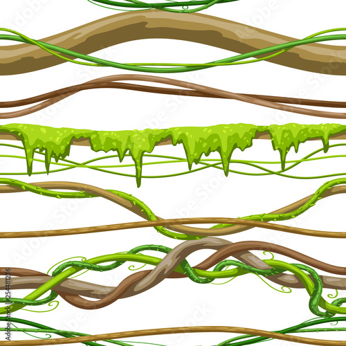 Twisted wild liana branch seamless pattern. Jungle vines plant.