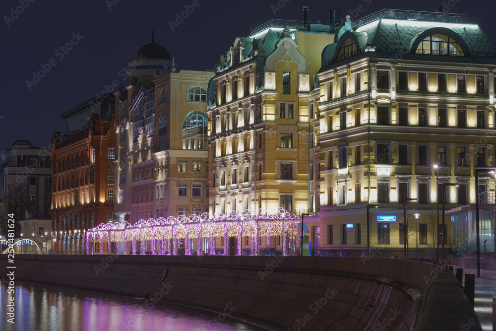  streets in spring night. Brightly illuminated Moscow. Long exposure image. 