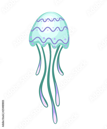 Sea green jellyfish with pattern. Tropical underwater animal. Medusa aquatic organism, cartoon style design. Flat vector illustration isolated on white background