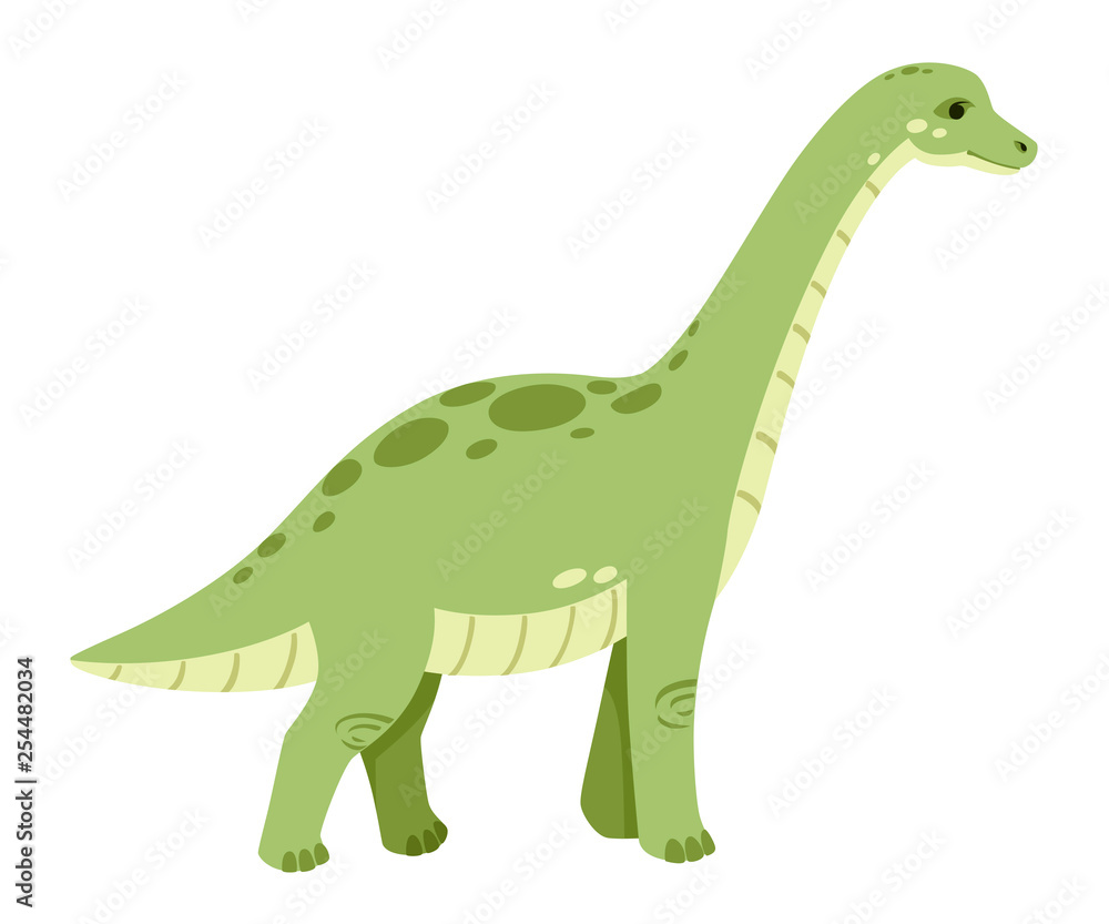 Naklejka premium Green brachiosaurus. Cute dinosaur, cartoon design. Flat vector illustration isolated on white background. Animal of jurassic world. Giant herbivore dinosaur