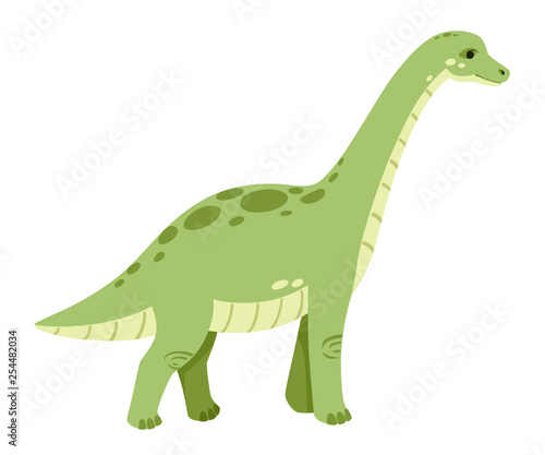 Green brachiosaurus. Cute dinosaur  cartoon design. Flat vector illustration isolated on white background. Animal of jurassic world. Giant herbivore dinosaur
