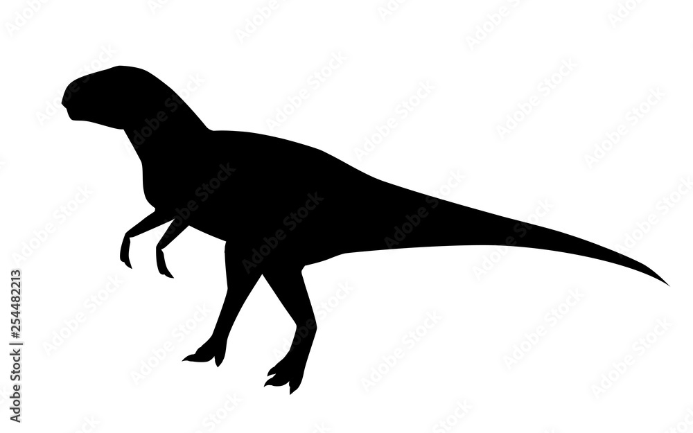 Fototapeta premium Black silhouette. Green tyrannosaurus. Cute dinosaur, cartoon design. Flat vector illustration isolated on white background. Animal of jurassic world. Giant carnivore dinosaur