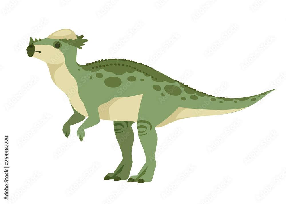 Green Pachycephalosaurus. Cute dinosaur, cartoon design. Flat vector illustration isolated on white background. Animal of jurassic world. Giant herbivore dinosaur