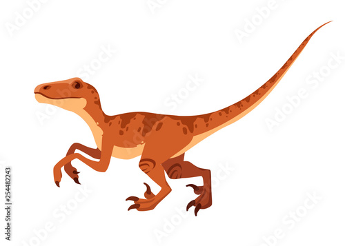 Brown raptor. Cute dinosaur, cartoon design. Flat vector illustration isolated on white background. Animal of jurassic world. Small carnivore dinosaur