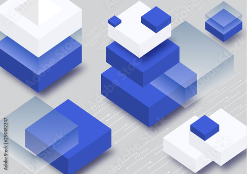 Blockchain concept banner. Isometric blocks  cubes connect with each other and form cryptochains.