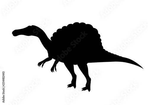 Black silhouette. Gray Spinosaurus. Cute dinosaur, cartoon design. Flat vector illustration isolated on white background. Animal of jurassic world. Giant carnivore dinosaur