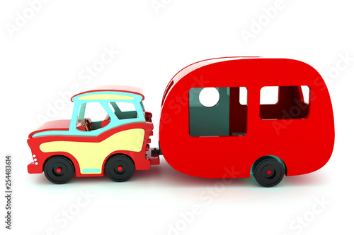 3d rendering  vintage  car with a caravan wooden toys for children models of two woods on a white background isolated