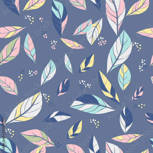 vector seamless abstract pattern with leaves. illustration with doodles and leaves. Trendy design for wallpaper, fabric makers, fashion textile print.Nature illustration. blue, yellow, pink.