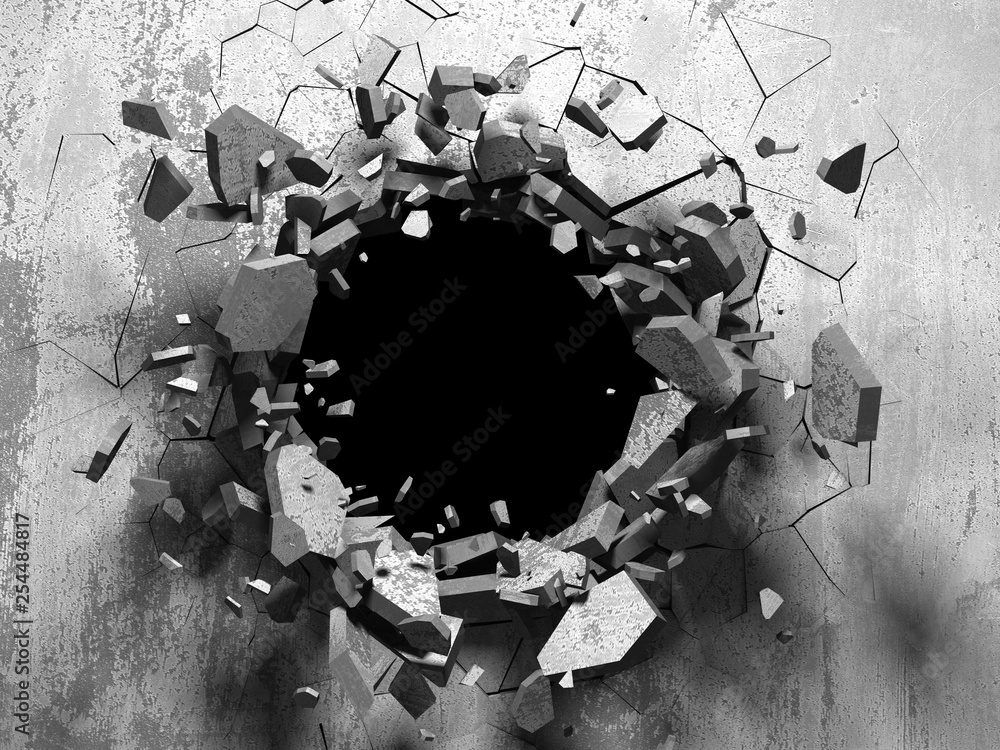 Dark cracked broken hole in concrete wall - obrazy, fototapety, plakaty 