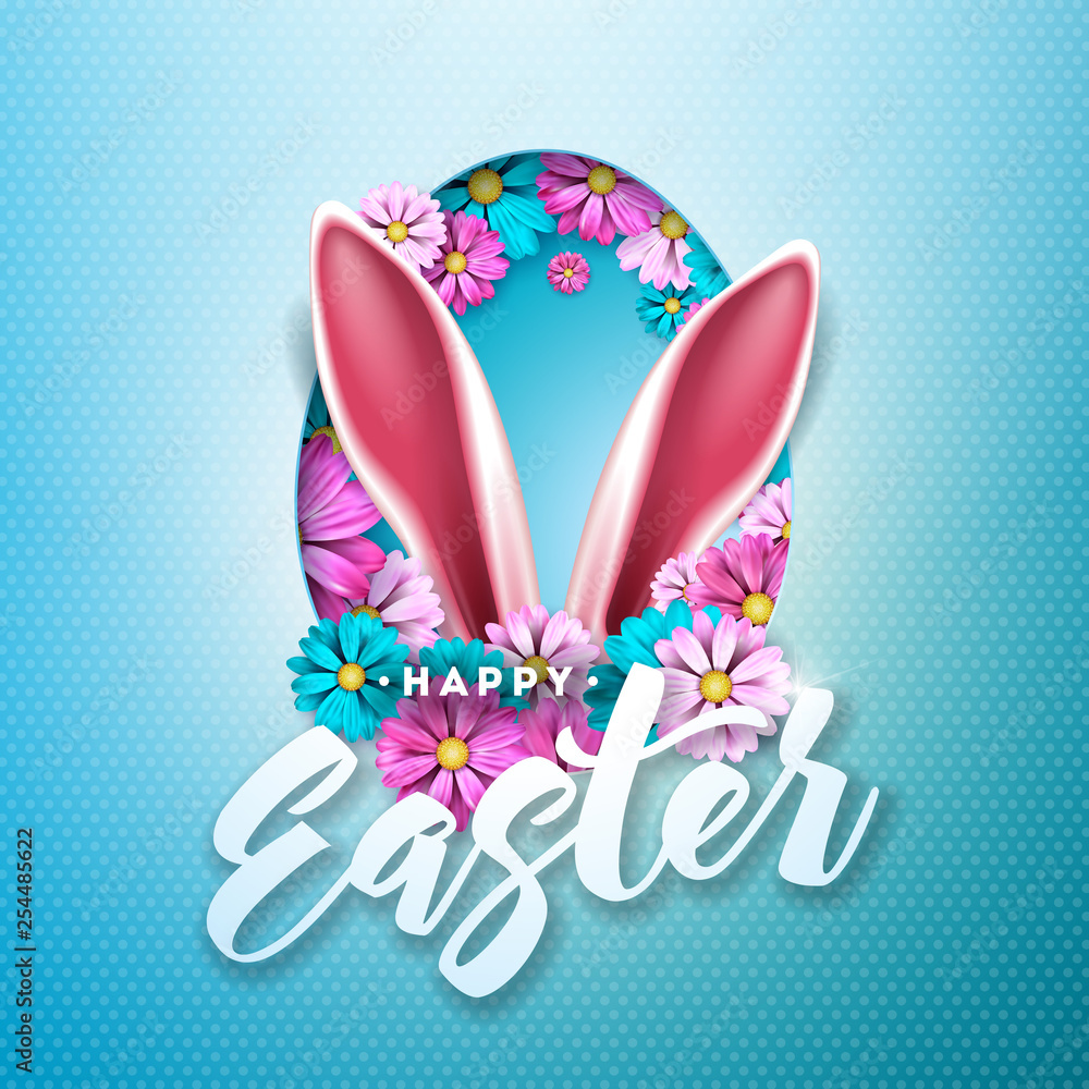 Happy Easter Holiday Design with Spring Flower in Egg Silhouette on Light Blue Background. Vector Illustration of International Celebration Design with Typography Letter for Greeting Card, Party