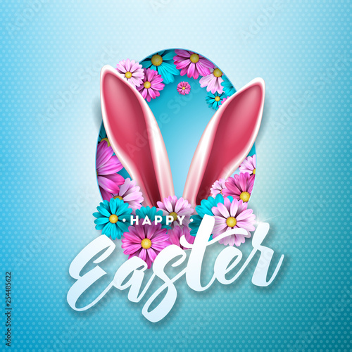 Happy Easter Holiday Design with Spring Flower in Egg Silhouette on Light Blue Background. Vector Illustration of International Celebration Design with Typography Letter for Greeting Card, Party