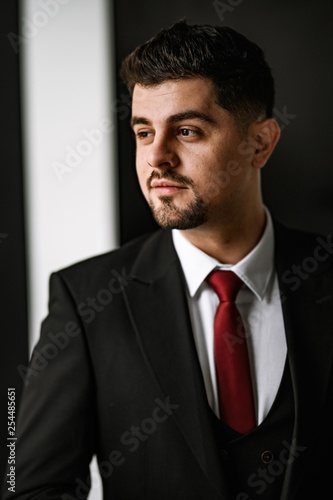 A handsome man in a black suit and a red tie posing at the big window. Business portrait of a man.