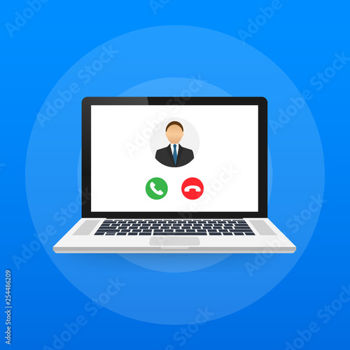 Incoming video call on laptop. Laptop with incoming call, man profile picture and accept decline buttons. Vector illustration.