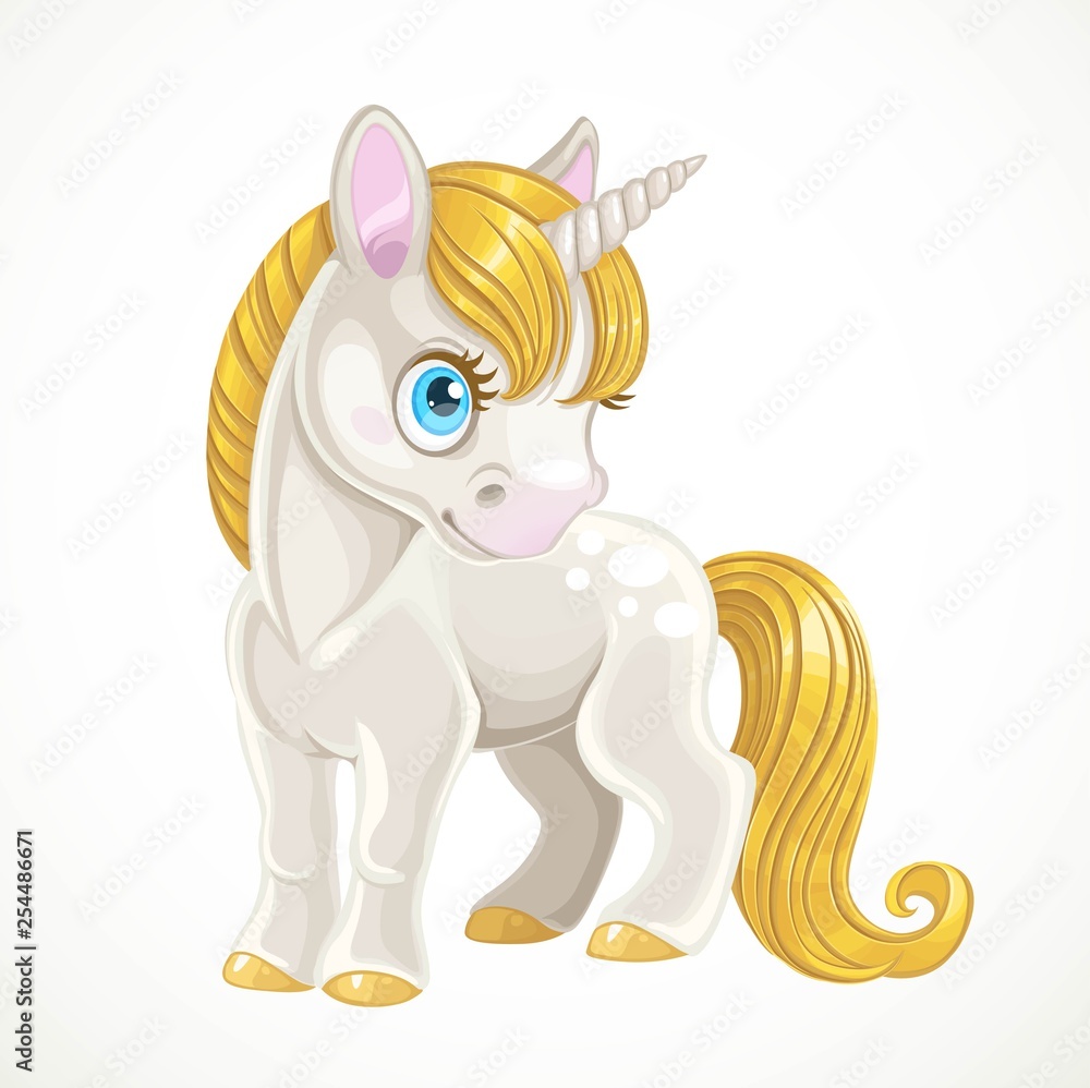 Cute cartoon white unicorn with a golden mane stand on white background