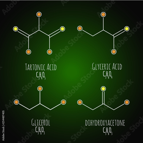 Glycerol, gliceric acid, tartonic acid structural chemical schemes and formulas. Vector illustration