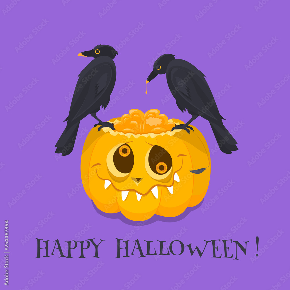 Happy Halloween. an orange pumpkin and two black crows. Happy Halloween. an orange pumpkin and two black crows.