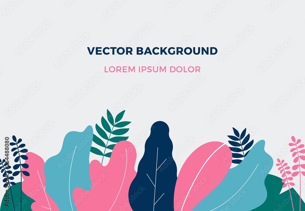 Vector fantasy leaves background template. Minimal flat leaves design. illustration with leaves, trees, forest plants, empty space. Nature poster