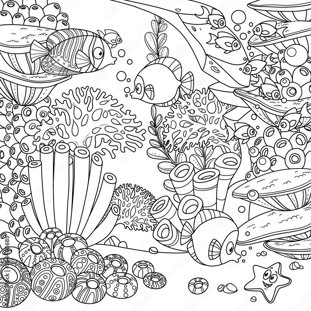 Cartoon underwater world with corals, fish and anemones outlined isolated on white background Cartoon underwater world with corals, fish and anemones outlined isolated on white background