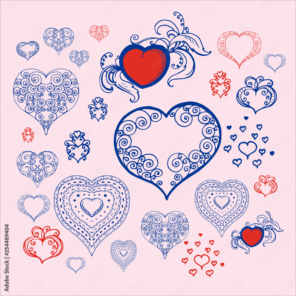 stock-vector-love-symbols-valentine-s-day-elements-in-heart-shape-hand-drawn-doodles-vector-illustration-set hearts. Vector design elements for Valentine's day