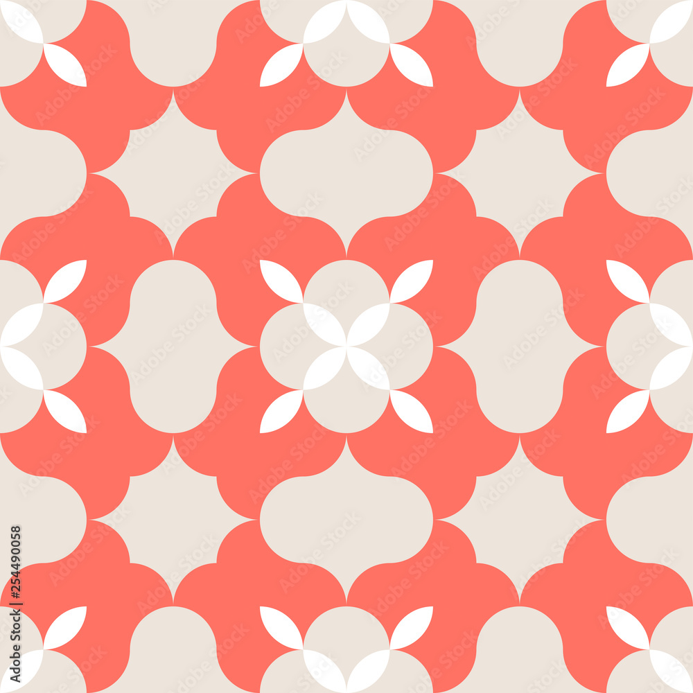 Seamless coral geometric pattern retro background. Simple geo texture. Clothing fabric print, wrap paper textile. Living coral. 2019 color Seamless coral geometric pattern retro background. Simple geo texture. Clothing fabric print, wrap paper textile. Living coral. 2019 color