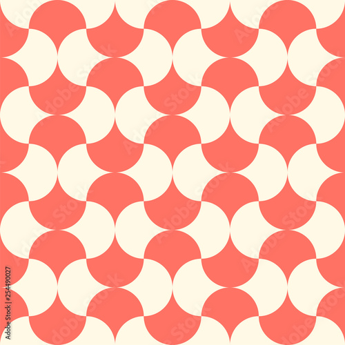 Seamless coral geometric pattern retro background. Simple geo texture. Clothing fabric print, wrap paper textile. Living coral. 2019 color photo