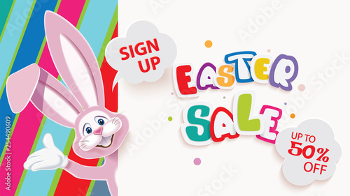Easter mobile sale banner with Easter Bunny next to textual signboard,vector illustration of online shopping website
