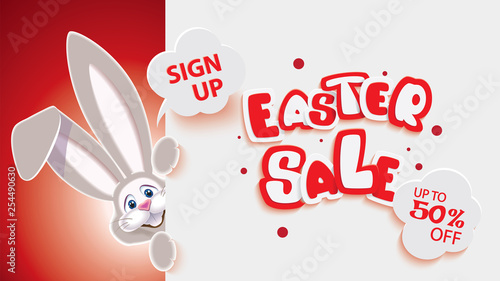 Easter mobile sale banner with grey Easter Bunny next to textual signboard,vector illustration of online shopping website