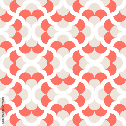 Seamless coral geometric pattern retro background. Simple geo texture. Clothing fabric print, wrap paper textile. Living coral. 2019 color