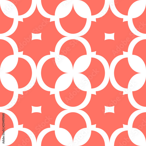 Seamless coral geometric pattern retro background. Simple geo texture. Clothing fabric print, wrap paper textile. Living coral. 2019 color
