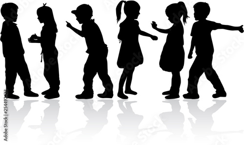 Vector silhouette of children on white background.