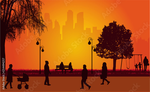 People silhouettes, urban background.