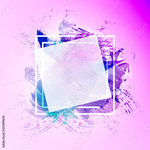 Pink background with watercolor brush strokes. In the center of the layout frame for the necessary text. Vector illustration.