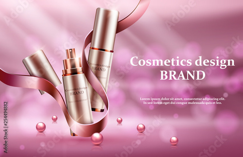 Cosmetic set ads, light pink package design on pink background with glittering bokeh elements in vector illustration