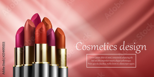 Red lipstick mockup, cosmetic package design, red backgraund. Vector illustration