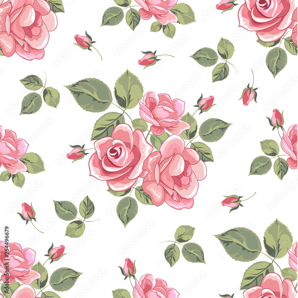 Seamless pattern with red and pink roses. Vintage floral background. Vector illustration.