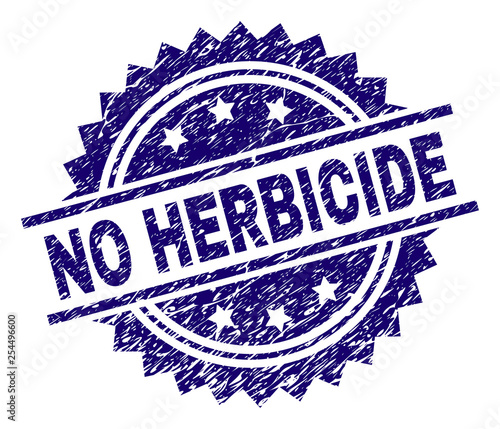 NO HERBICIDE stamp seal watermark with distress style. Blue vector rubber print of NO HERBICIDE title with grunge texture.