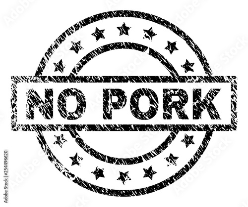 NO PORK stamp seal watermark with distress style. Designed with rectangle, circles and stars. Black vector rubber print of NO PORK title with grunge texture.