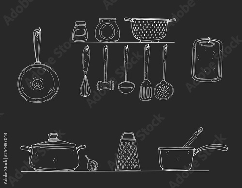 Background with hand drawn kitchenware on a chalkboard