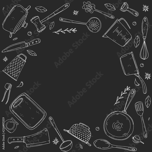 inversion circle made of elements with hand drawn kitchenware on a chalkboard background.