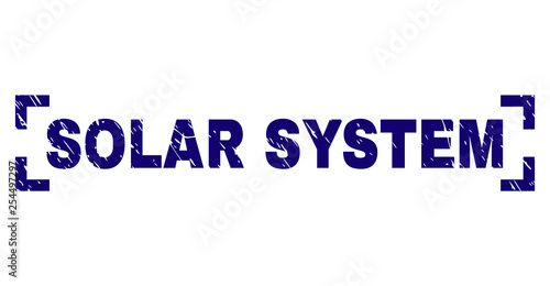 SOLAR SYSTEM text seal imprint with grunge texture. Text label is placed between corners. Blue vector rubber print of SOLAR SYSTEM with dirty texture.