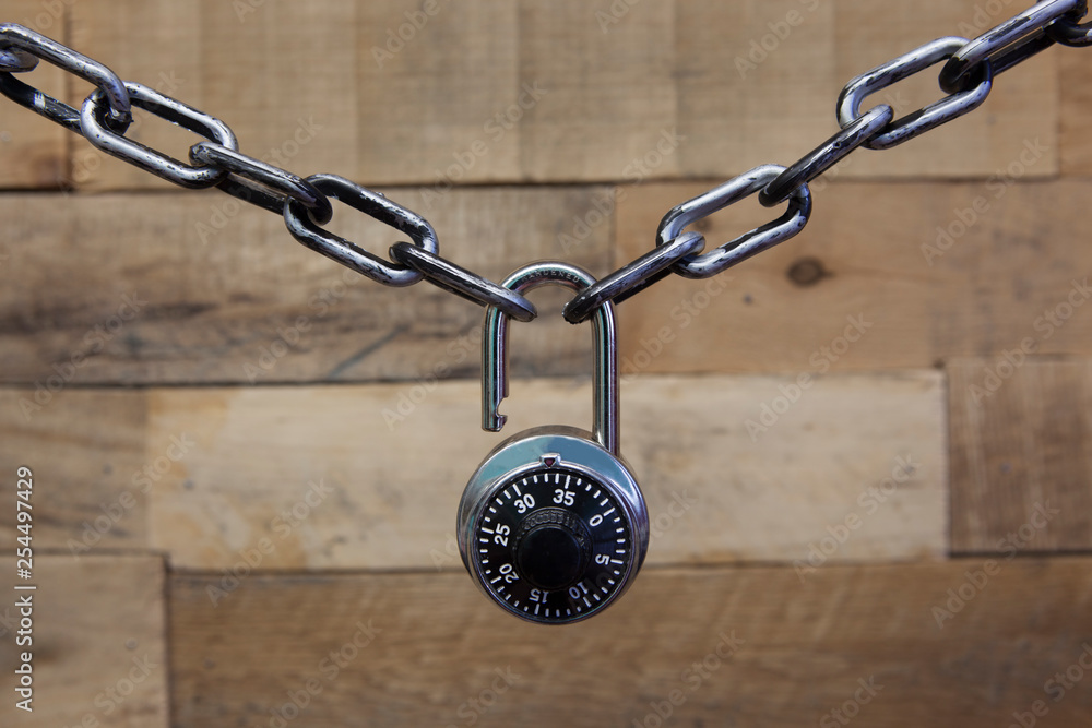 Security Series Chained Black Padlock Wooden Background Security Series Chained Black Padlock Wooden Background